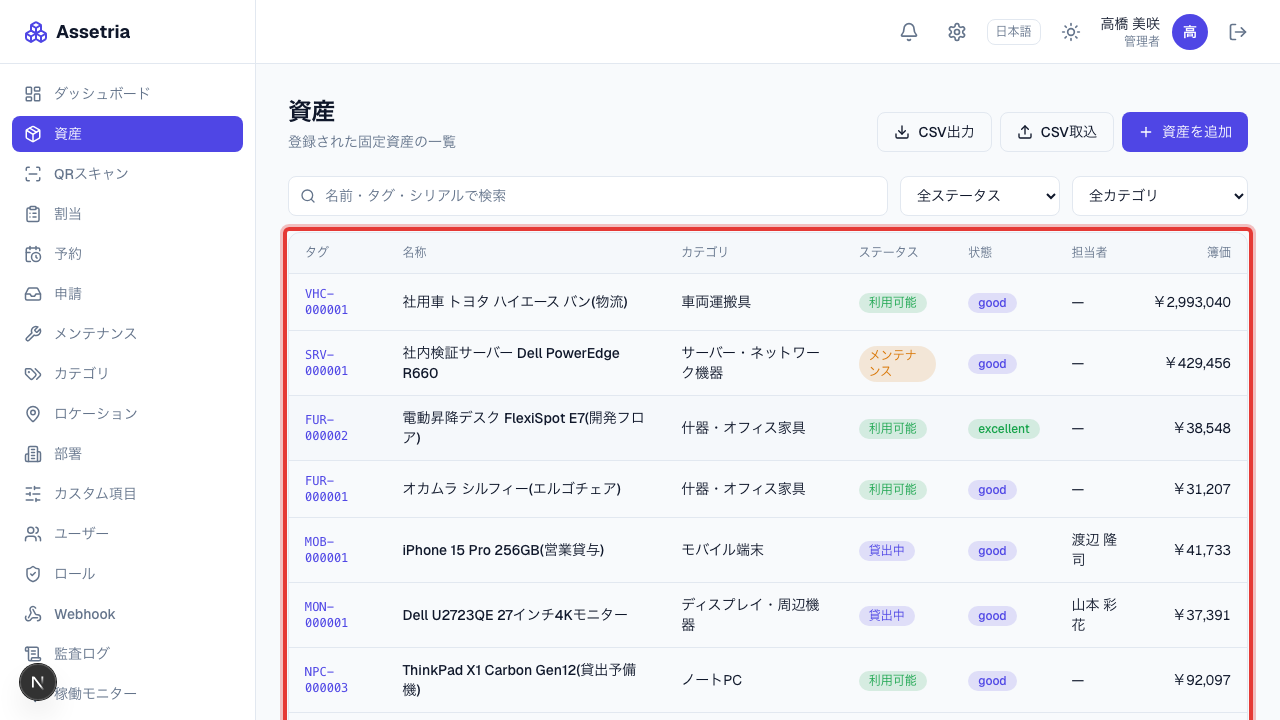 Assetria の画面例